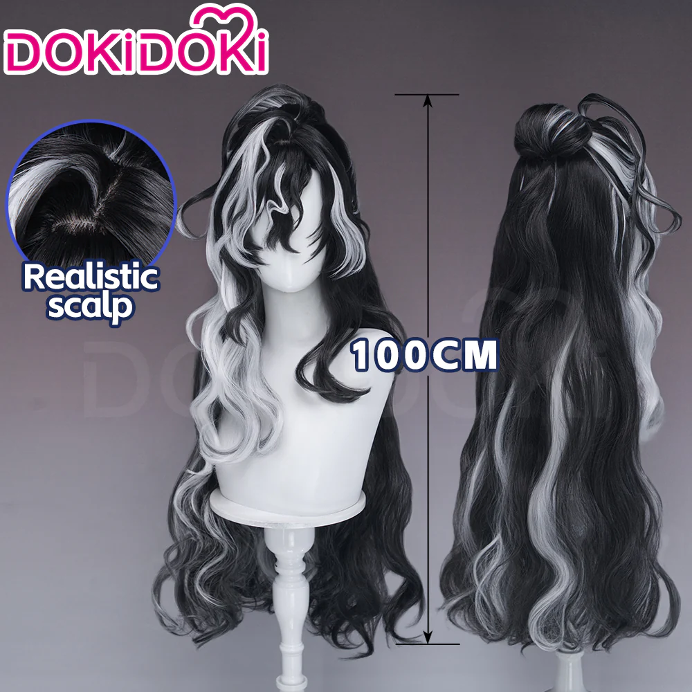 【100CM】DokiDoki Game Arknights Cosplay Wang Wig Long Curly Black White Highlight Hair - Image 2