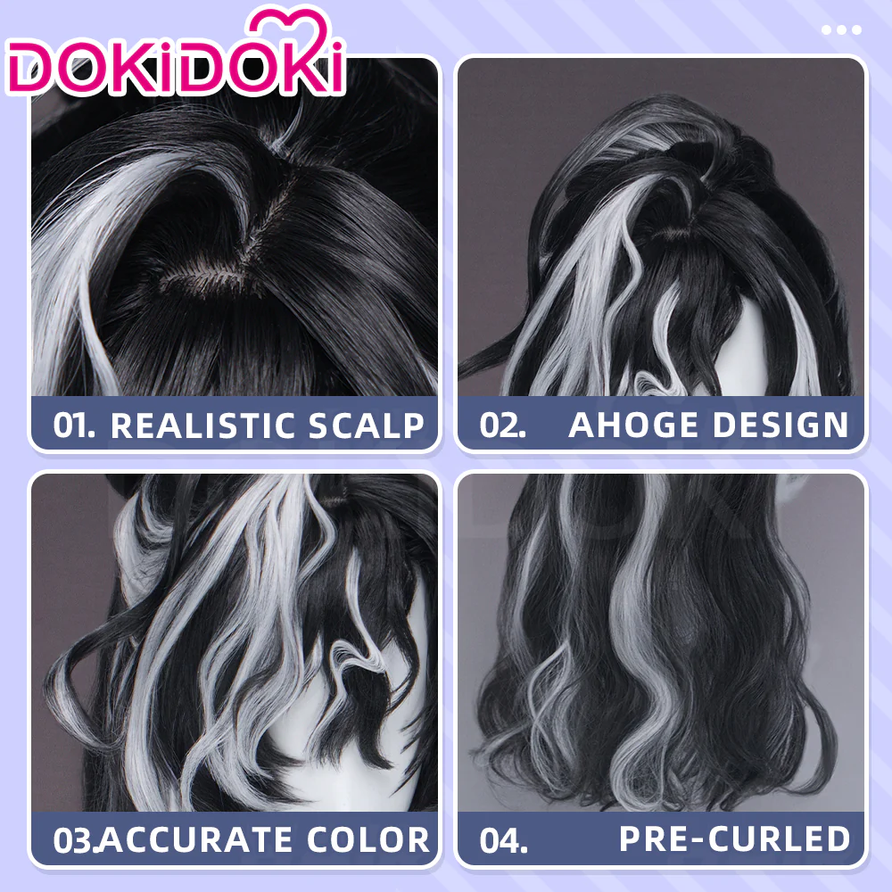 【100CM】DokiDoki Game Arknights Cosplay Wang Wig Long Curly Black White Highlight Hair - Image 5