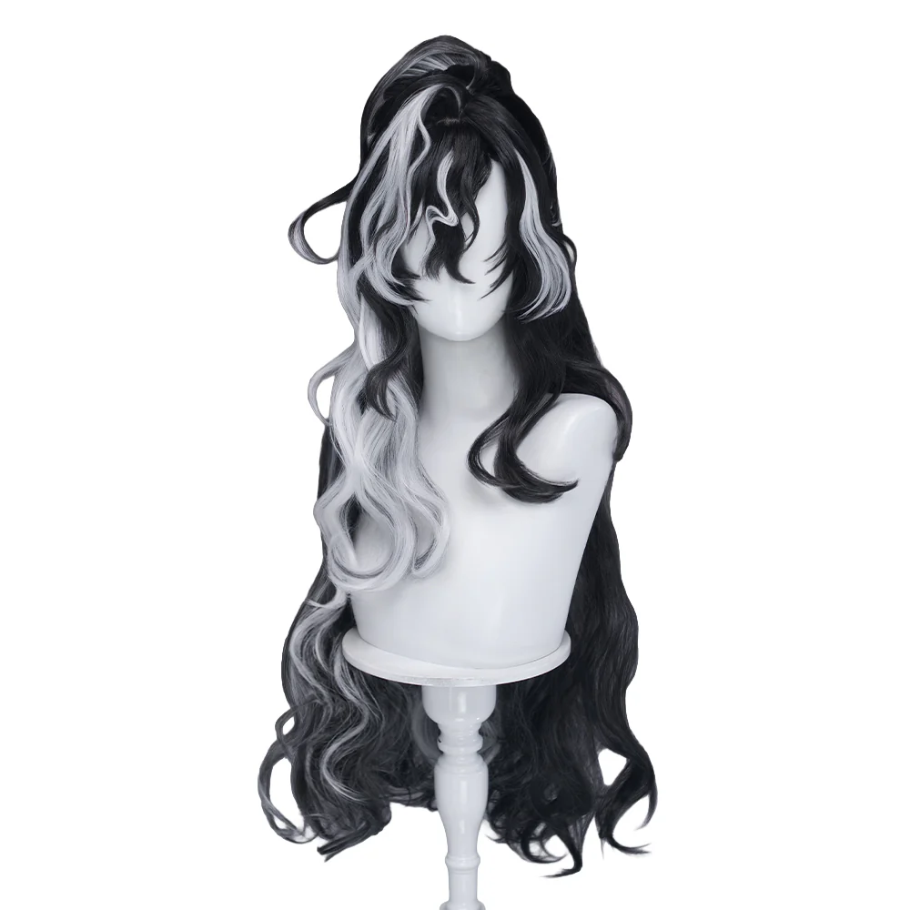 【100CM】DokiDoki Game Arknights Cosplay Wang Wig Long Curly Black White Highlight Hair - Image 6