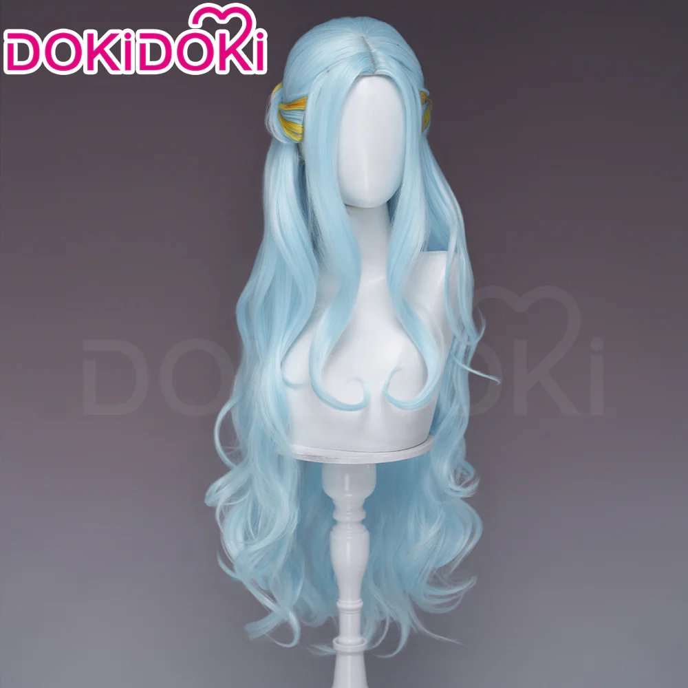 DokiDoki Anime Cosaply Wig Blue Curly Yellow Highlight Hair Pre Braided - Image 3