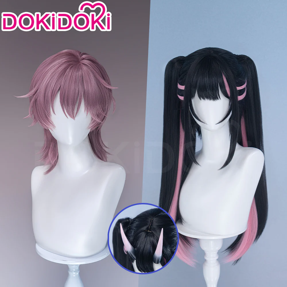 【Partially Ready For Ship】DokiDoki Anime Cosmic Princess Kaguya! Cosplay Komazawa Noi Wig Long Straight Black Pink Purple Highlight Hair Twin Tails /  Horn Accessory
