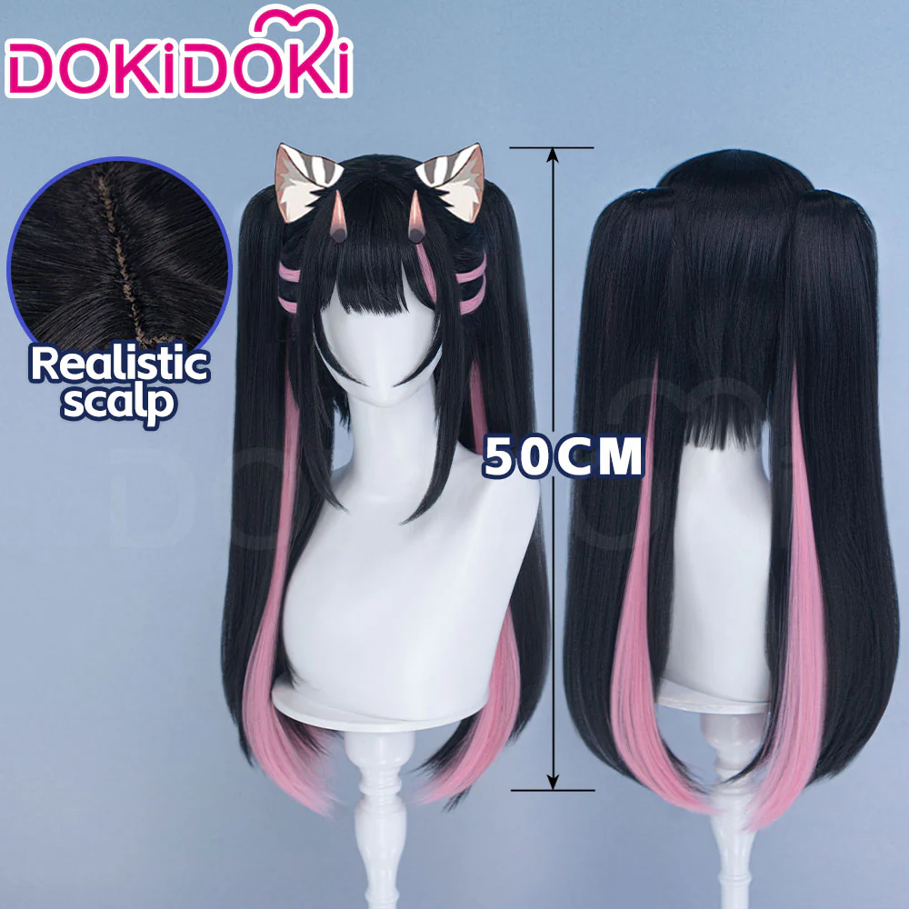 【Partially Ready For Ship】DokiDoki Anime Cosmic Princess Kaguya! Cosplay Komazawa Noi Wig Long Straight Black Pink Purple Highlight Hair Twin Tails /  Horn Accessory - Image 2
