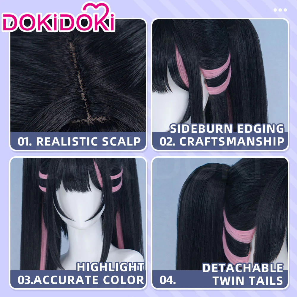 【Partially Ready For Ship】DokiDoki Anime Cosmic Princess Kaguya! Cosplay Komazawa Noi Wig Long Straight Black Pink Purple Highlight Hair Twin Tails /  Horn Accessory - Image 5