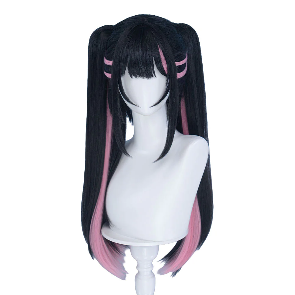【Partially Ready For Ship】DokiDoki Anime Cosmic Princess Kaguya! Cosplay Komazawa Noi Wig Long Straight Black Pink Purple Highlight Hair Twin Tails /  Horn Accessory - Image 6