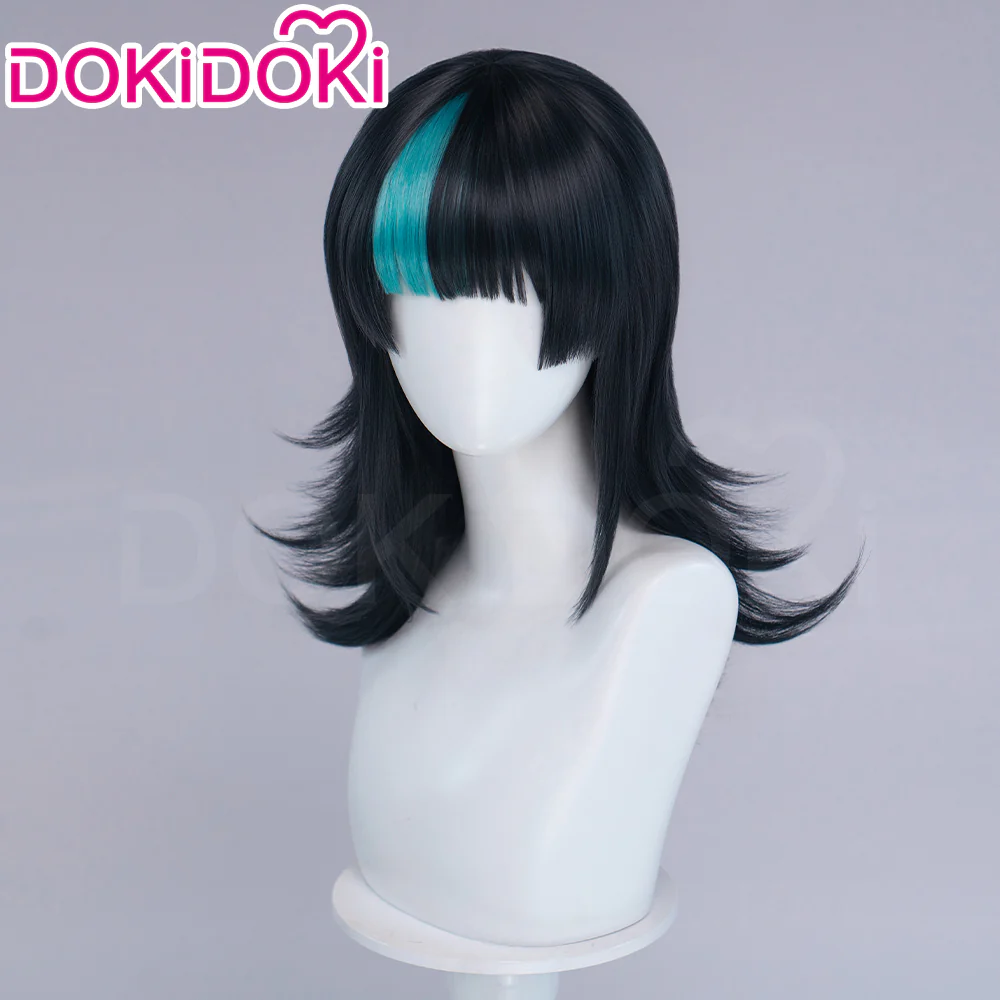 DokiDoki Anime Cosplay Wig Long Curly Black Cyan Highlight Hair - Image 2