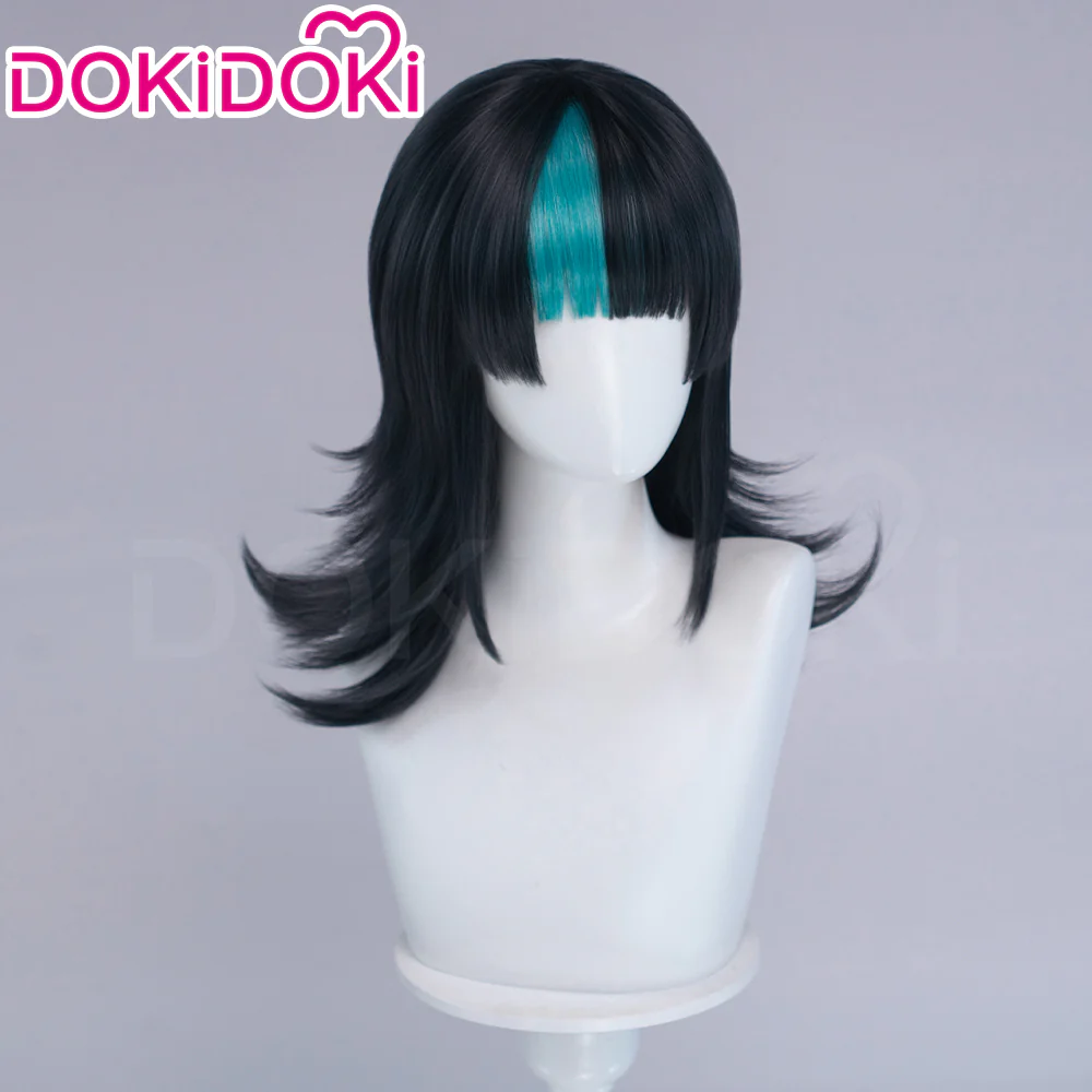 DokiDoki Anime Cosplay Wig Long Curly Black Cyan Highlight Hair - Image 3