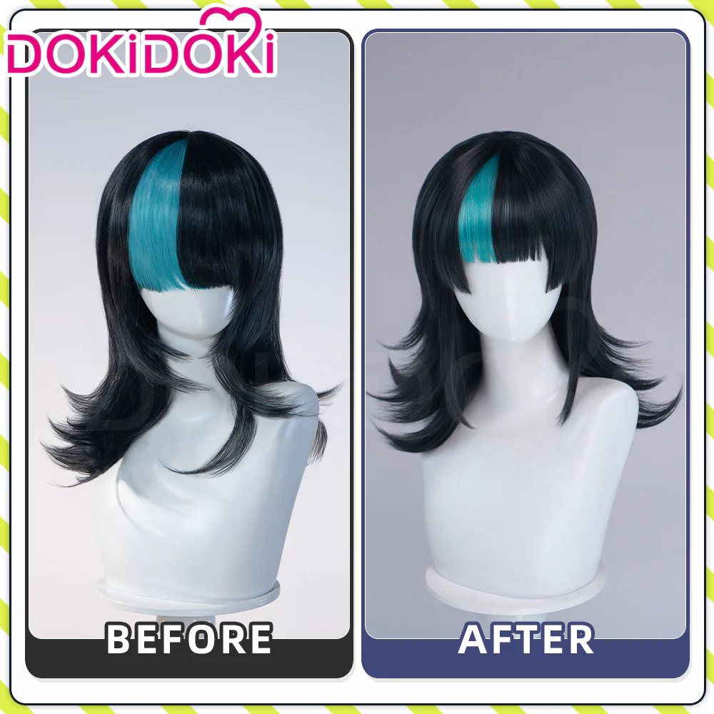 DokiDoki Anime Cosplay Wig Long Curly Black Cyan Highlight Hair - Image 4