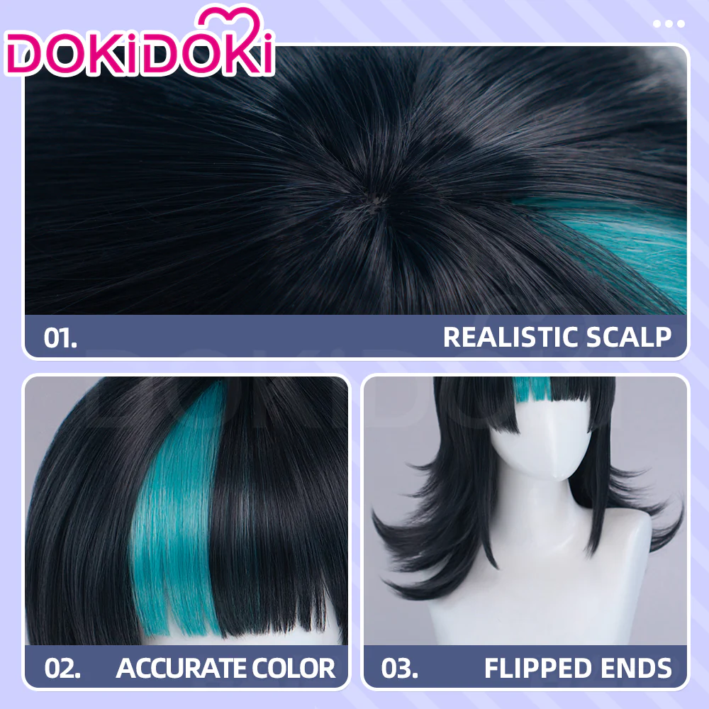 DokiDoki Anime Cosplay Wig Long Curly Black Cyan Highlight Hair - Image 5