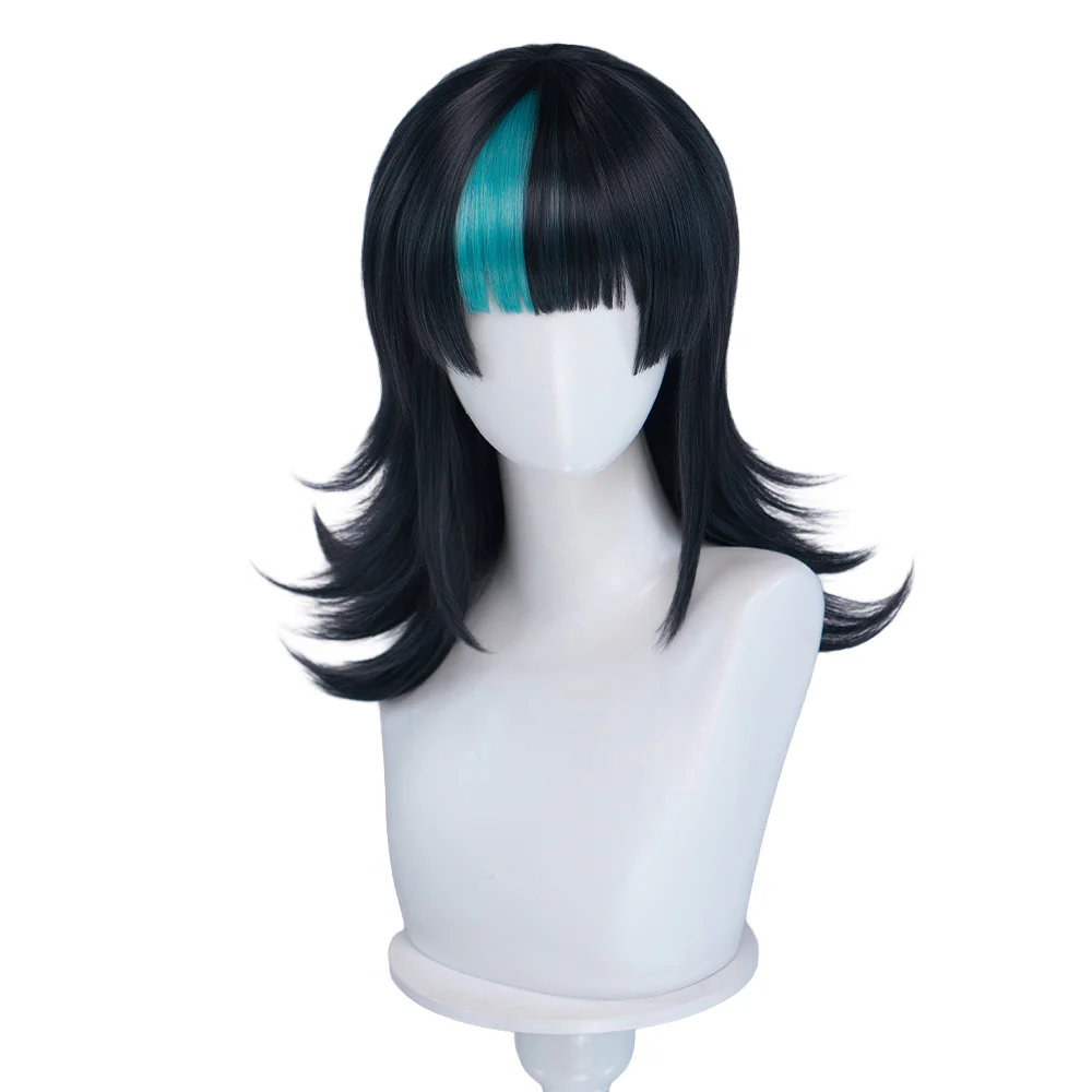 DokiDoki Anime Cosplay Wig Long Curly Black Cyan Highlight Hair - Image 6