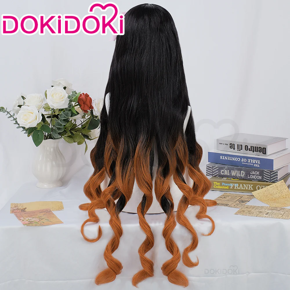DokiDoki Anime Wig Long Curly Black Yellow Hair / Horn / Bamboo Muzzle - Image 3