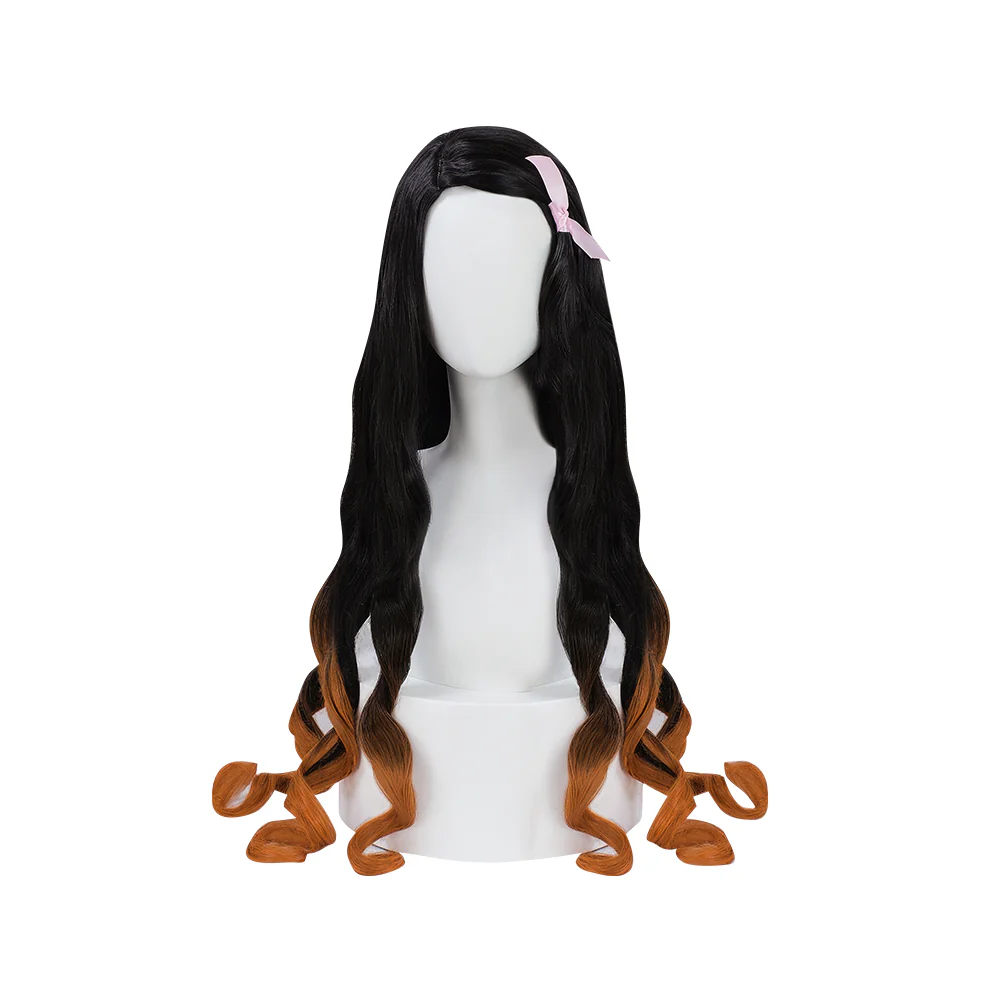 DokiDoki Anime Wig Long Curly Black Yellow Hair / Horn / Bamboo Muzzle - Image 5