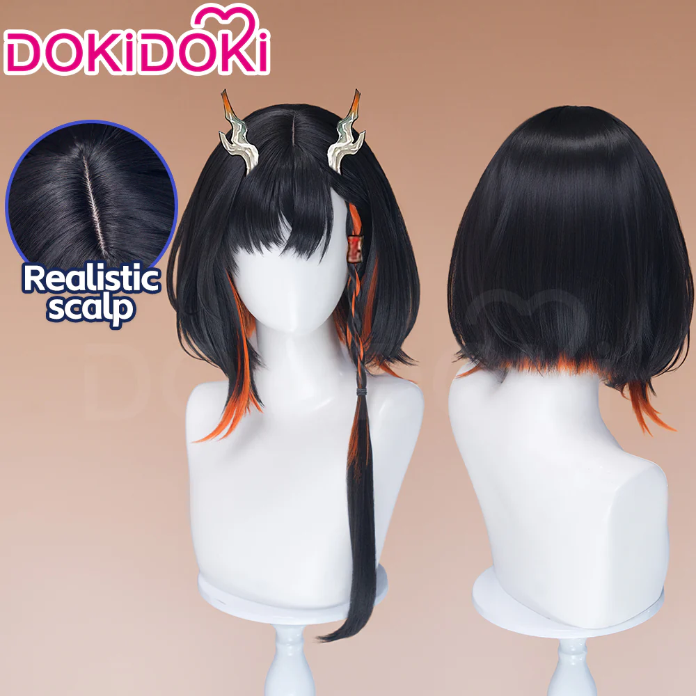 DokiDoki Game Arknights Cosplay Jie Wig Short Straight Black Orange Highlight Hair Pre Braided