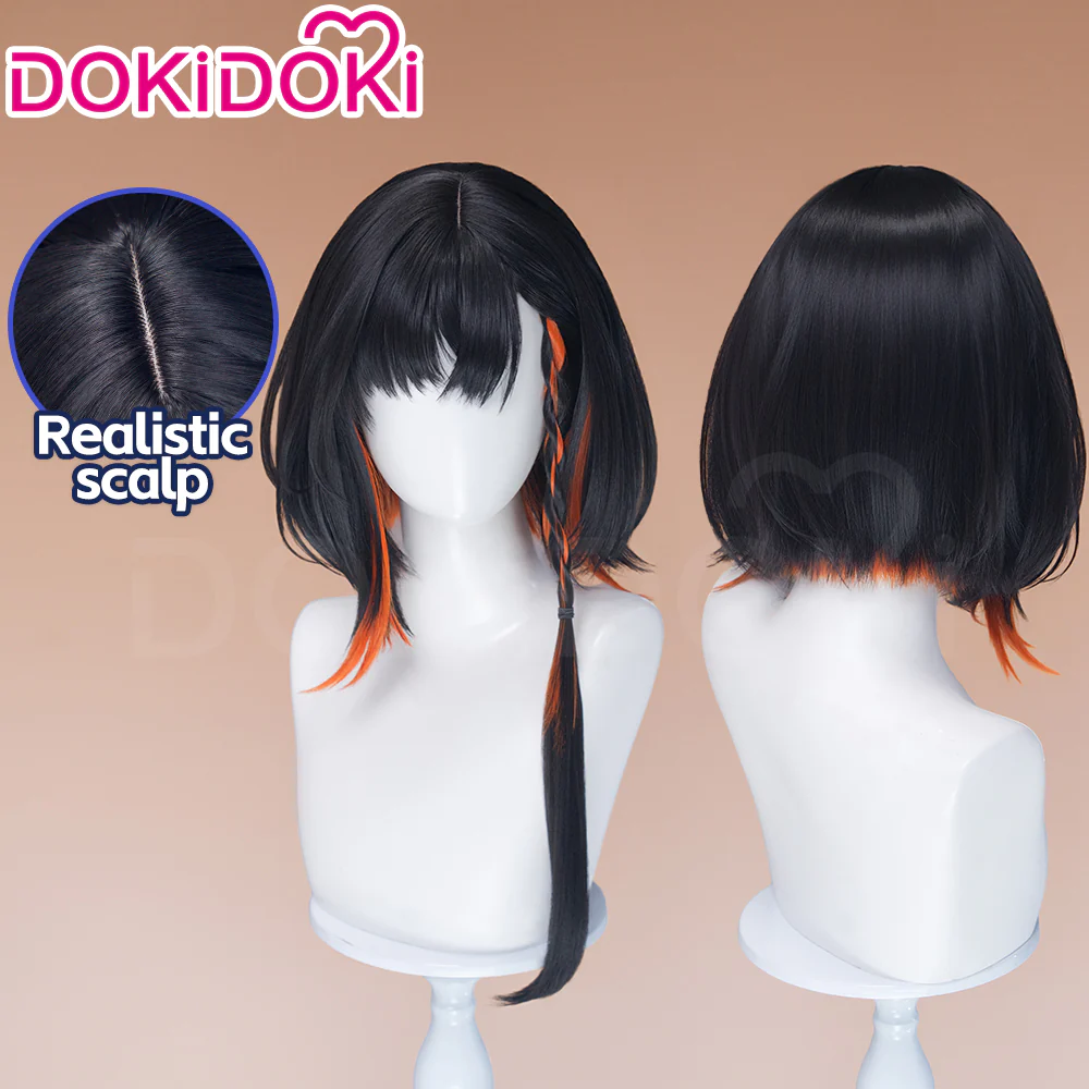 DokiDoki Game Arknights Cosplay Jie Wig Short Straight Black Orange Highlight Hair Pre Braided - Image 2