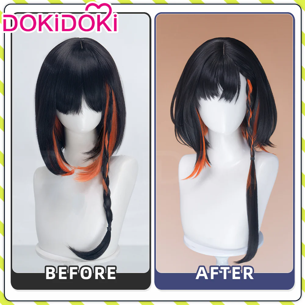 DokiDoki Game Arknights Cosplay Jie Wig Short Straight Black Orange Highlight Hair Pre Braided - Image 5