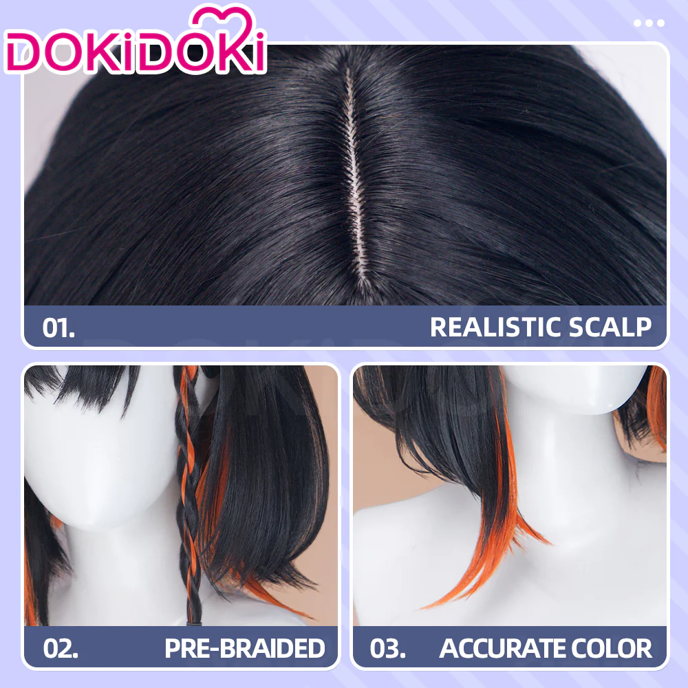 DokiDoki Game Arknights Cosplay Jie Wig Short Straight Black Orange Highlight Hair Pre Braided - Image 7