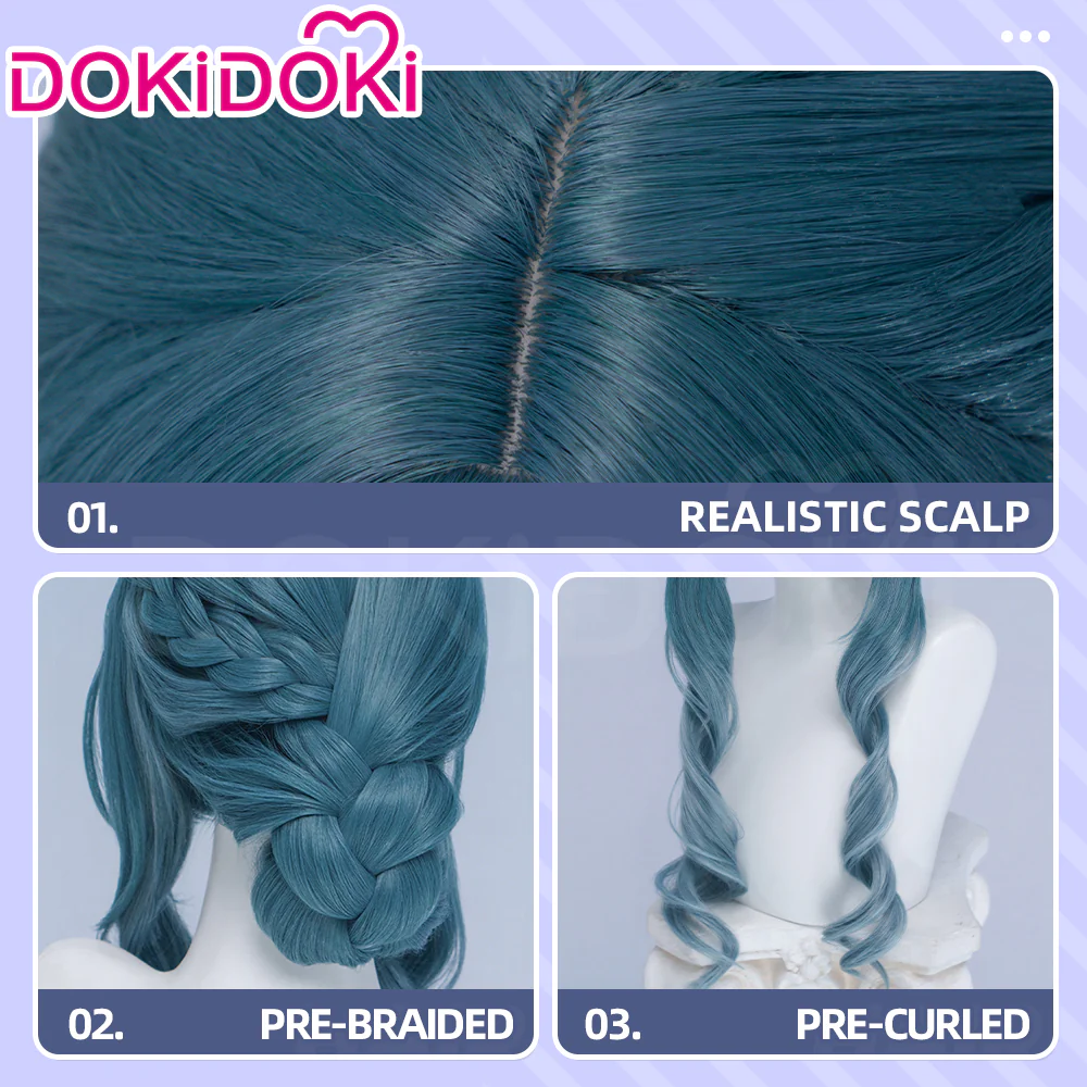 DokiDoki Game Arknights: Endfield Cosplay Xaihi Wig Long Curly Cyan Blue Braided Hair - Image 4