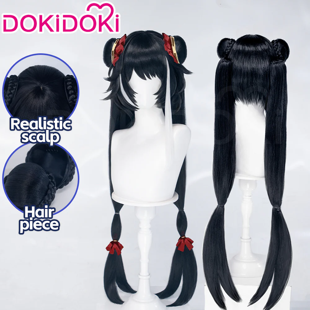 DokiDoki Game Cosplay Wig Long Straight Black White Highlight Hair Detachable Braids