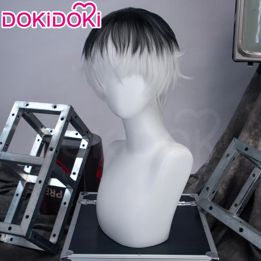 DokiDoki Game Cosplay Wig Short Black White Layered Hair - Image 2