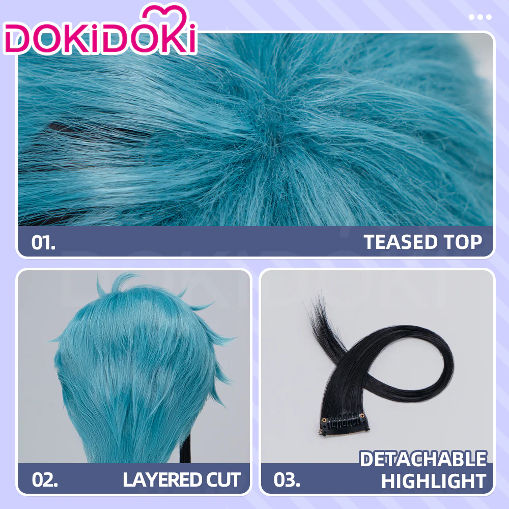 【Ready For Ship】DokiDoki Game Cosplay Wig Short Blue Black Highlight Hair - Image 4