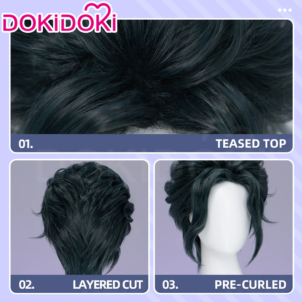 【Ready For Ship】DokiDoki Game Cosplay Wig Short Curly Dark Green Hair Headmage - Image 4
