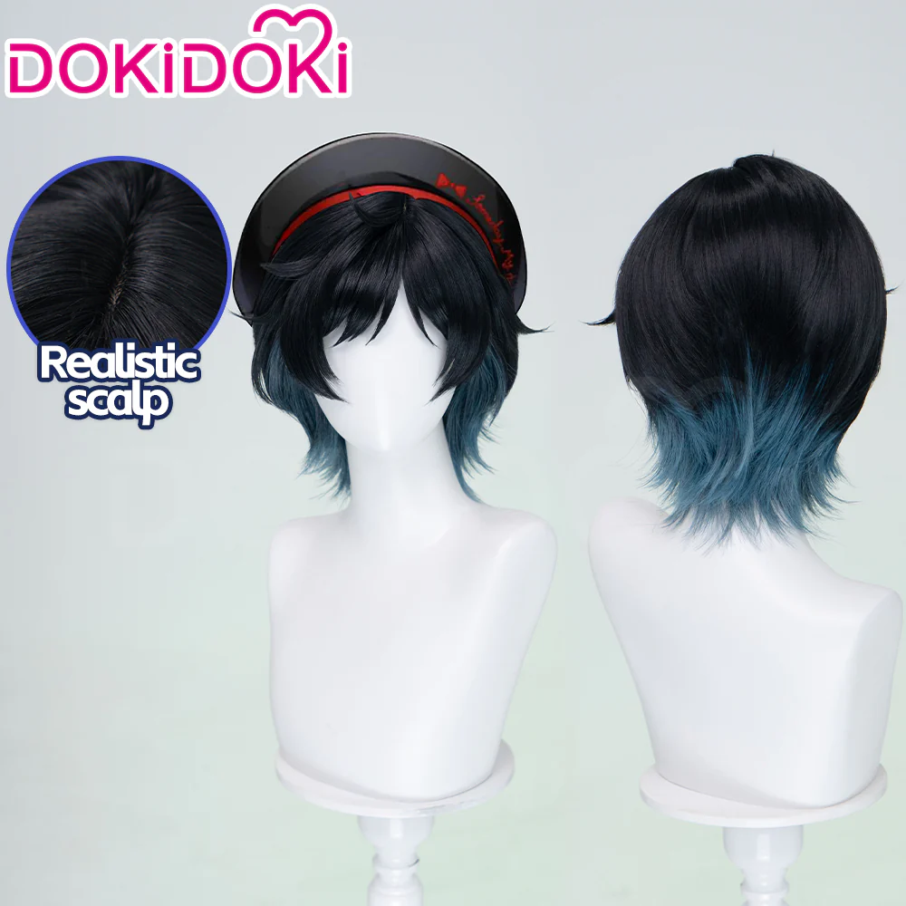 【Ready For Ship】DokiDoki Game Cosplay Wig Short Straight Black Green Gradient Hair Snow