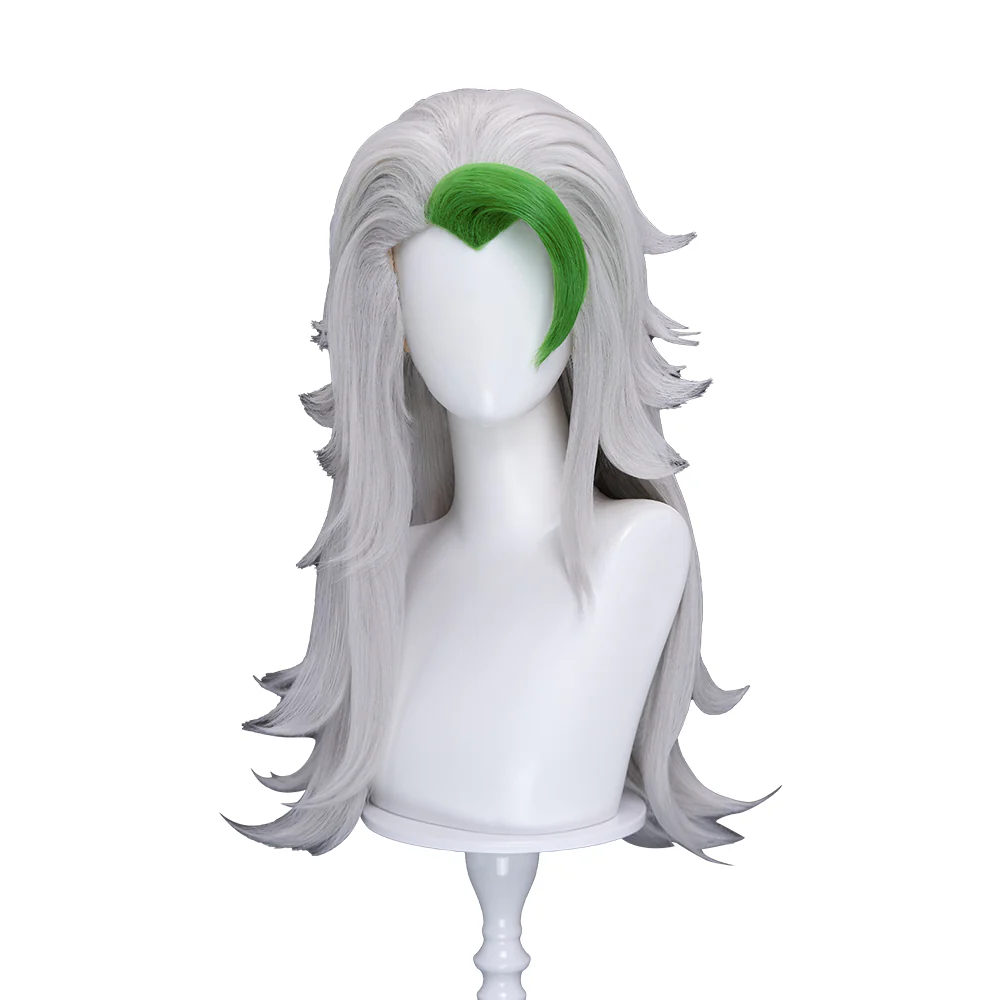 DokiDoki Game Cosplay Wolf Wig Long Curly Silver Hair Green Highlight - Image 5