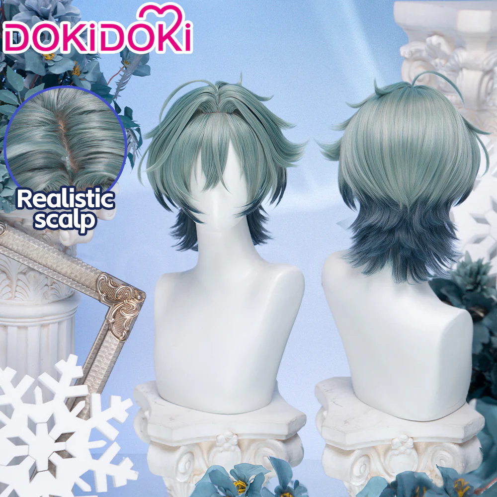 DokiDoki Game Genshin Impact Cosplay Lohen Wig Short Green Gradient Hair Vice Captain of the 5th Company