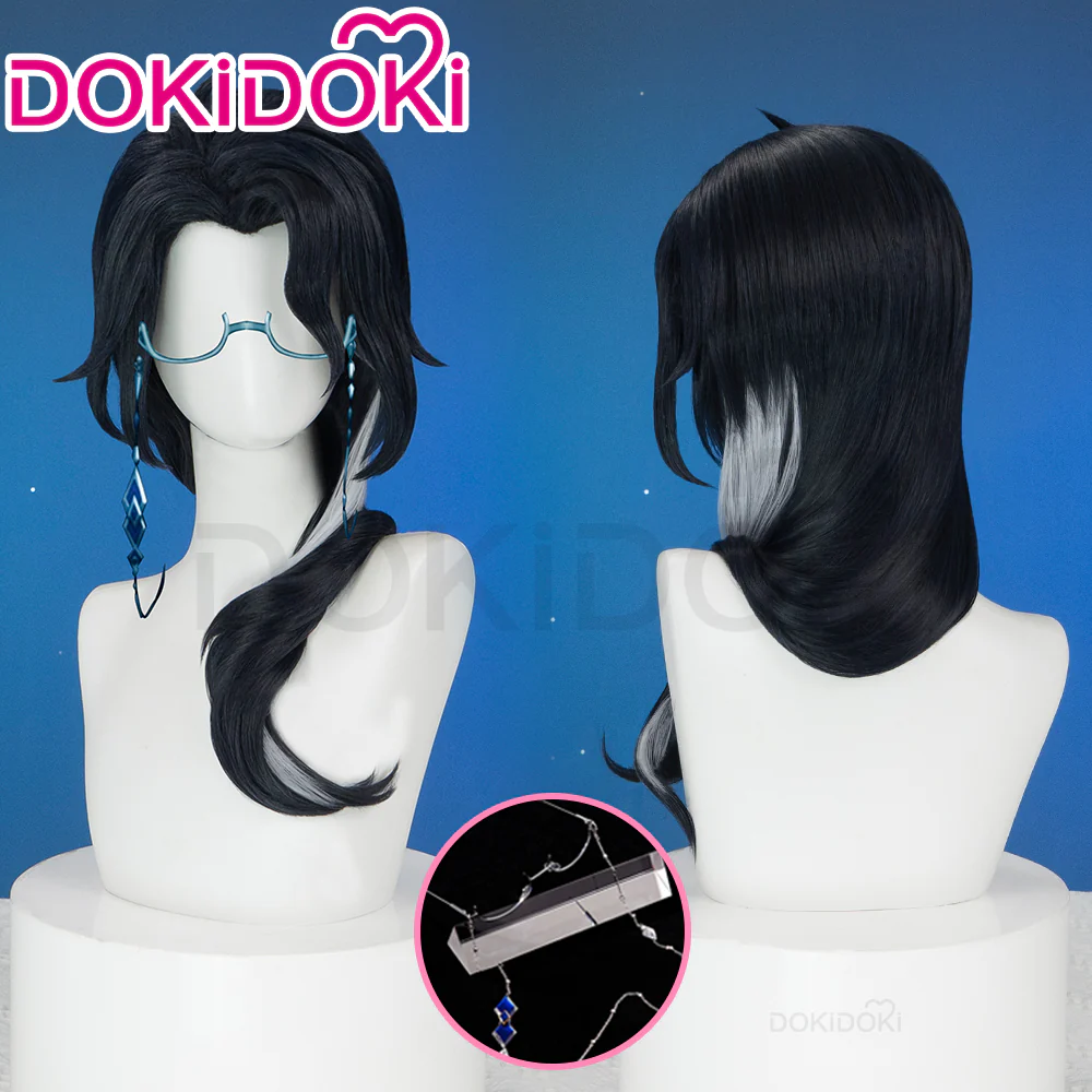 【Ready For Ship】DokiDoki Game Genshin Impact Fatui Harbinger Cosplay Wig Pierr Pantalone Short Curly Black Wig/Glasses