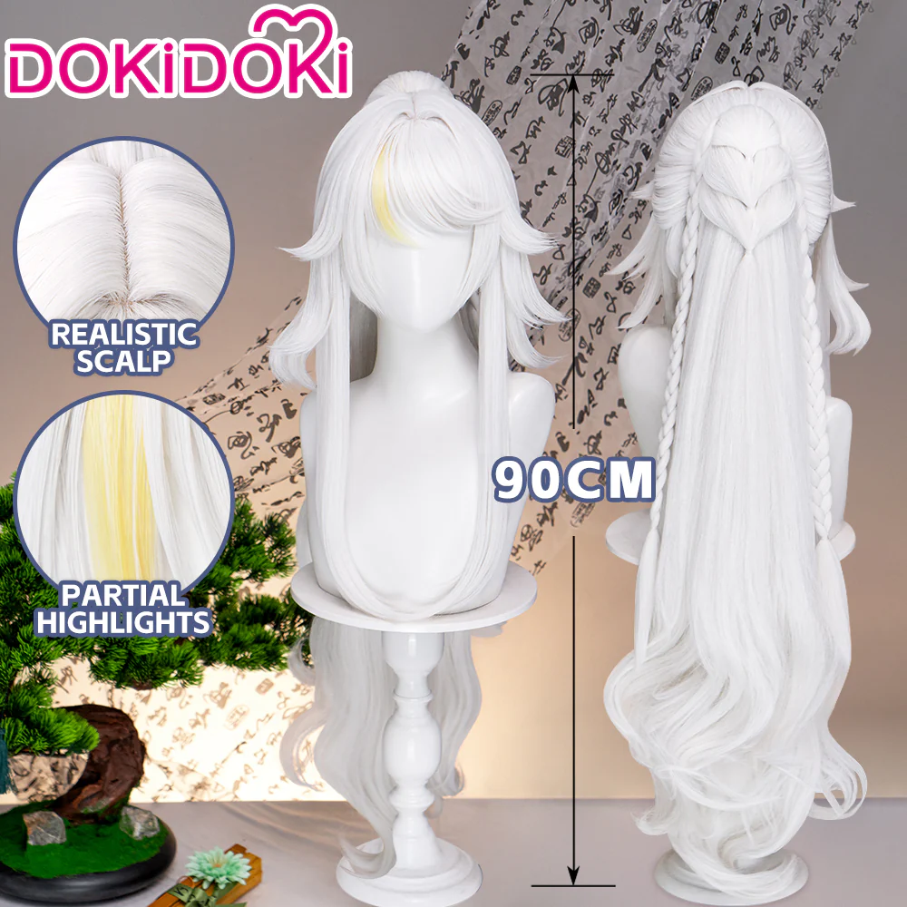 【Ready For Ship】DokiDoki Game Genshin Impact Zibai Wig Long Silver Yellow Highlight Hair Half-up Braided Ponytail The White Horse Adeptus Zi Bai Luna IV