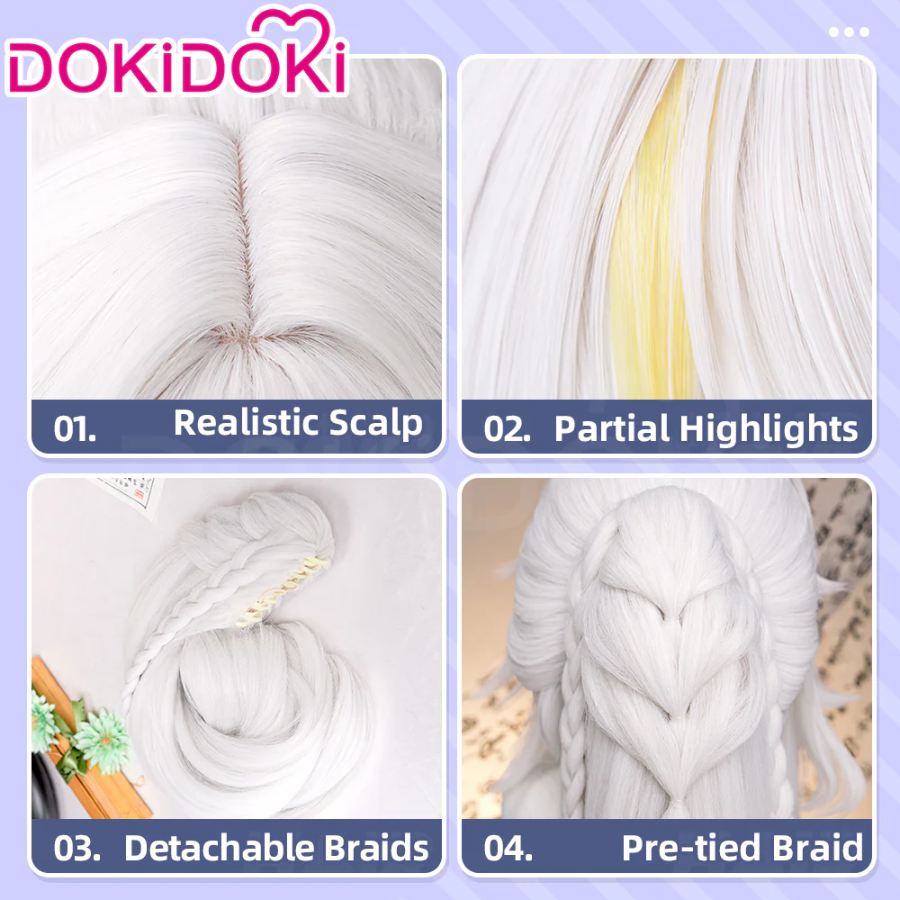 【Ready For Ship】DokiDoki Game Genshin Impact Zibai Wig Long Silver Yellow Highlight Hair Half-up Braided Ponytail The White Horse Adeptus Zi Bai Luna IV - Image 4