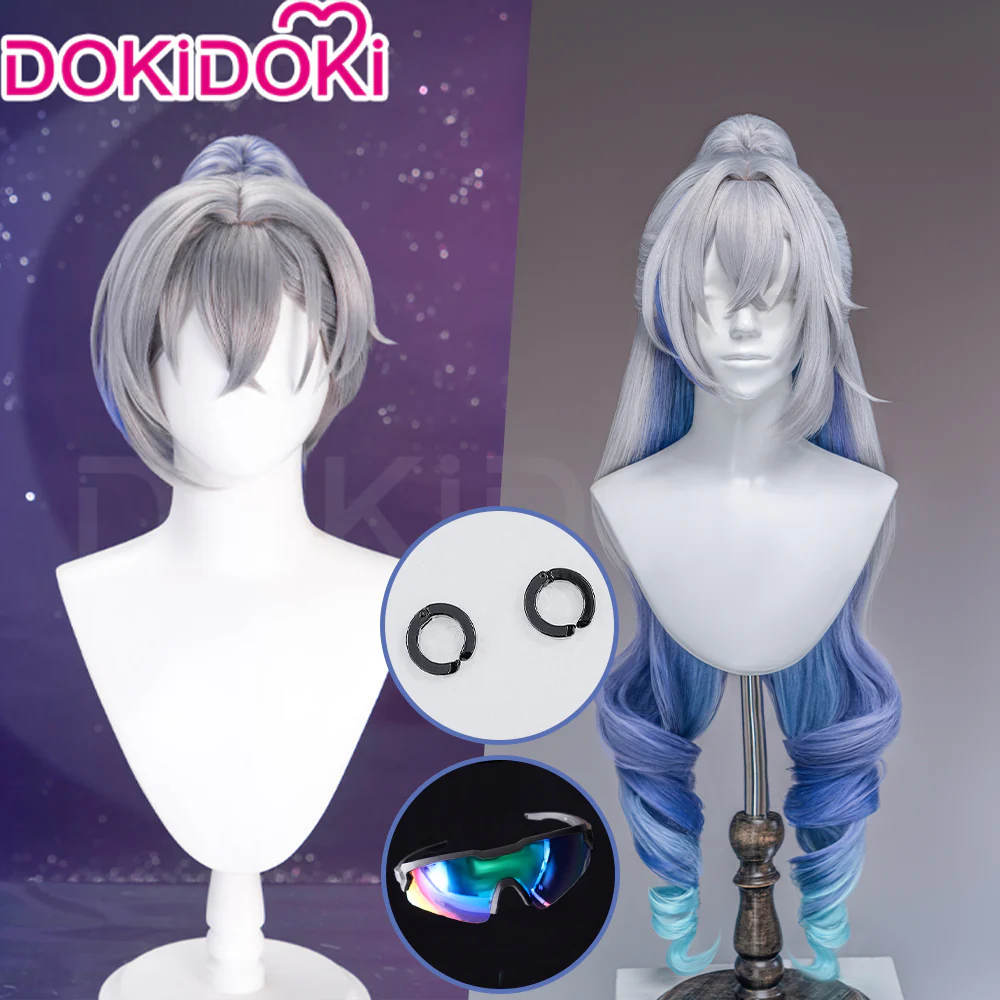 【Partially Ready For Ship】DokiDoki Game Honkai: Star Rail Cosplay Silver Wolf / Silver Wolf LV.999 SP Wig Sliver Blue Gradient Pony Tail / Glasses / Ear Clip
