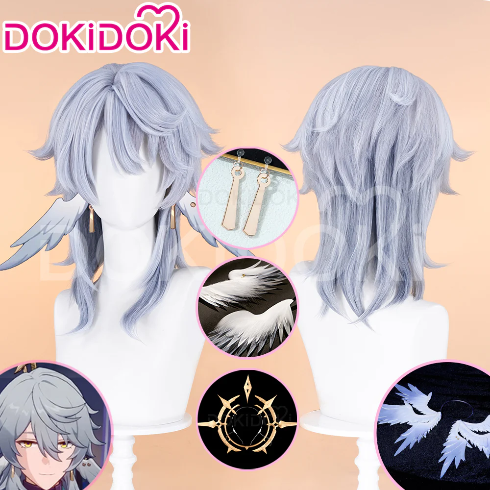 【Partially Ready For Ship】DokiDoki Game Honkai: Star Rail Cosplay Sunday Wig Long Straight Grey Hair/ Earring / Ear Feather Hair Clips / Seraphim Wings Headwear