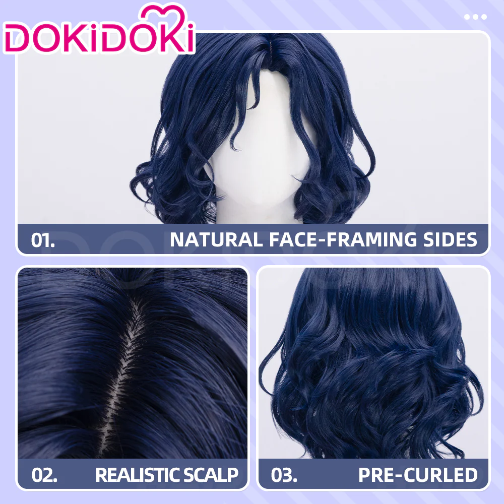 【Ready For Ship】DokiDoki Game Lord of the Mysteries Cosplay Alger Wilson Wig Long Curly Dark Blue Hair - Image 4