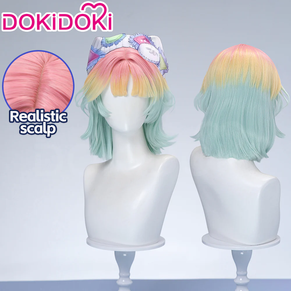 DokiDoki Game Path to Nowhere Cosplay Poffy Wig Short Mint Green Light Yellow Pink Gradient Hair