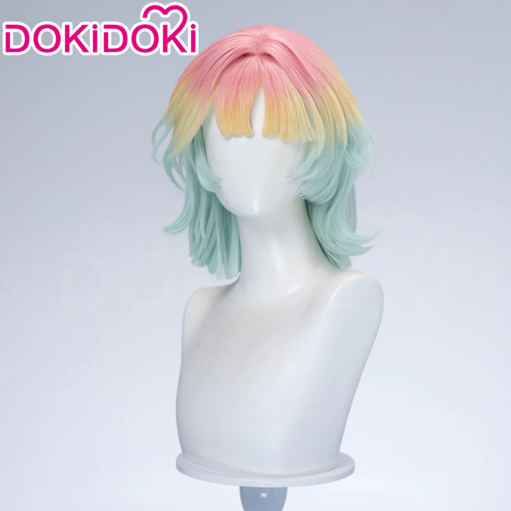 DokiDoki Game Path to Nowhere Cosplay Poffy Wig Short Mint Green Light Yellow Pink Gradient Hair - Image 2