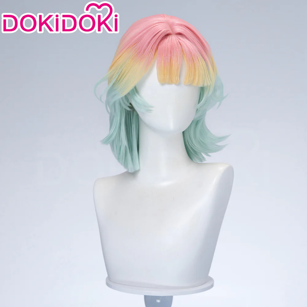 DokiDoki Game Path to Nowhere Cosplay Poffy Wig Short Mint Green Light Yellow Pink Gradient Hair - Image 3