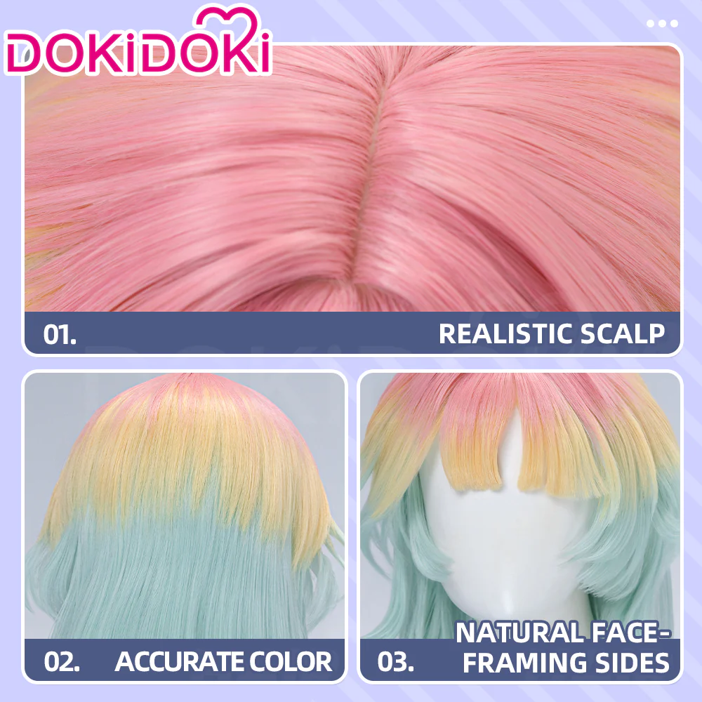 DokiDoki Game Path to Nowhere Cosplay Poffy Wig Short Mint Green Light Yellow Pink Gradient Hair - Image 4