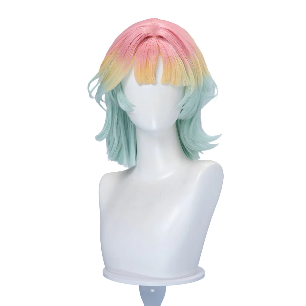 DokiDoki Game Path to Nowhere Cosplay Poffy Wig Short Mint Green Light Yellow Pink Gradient Hair - Image 5