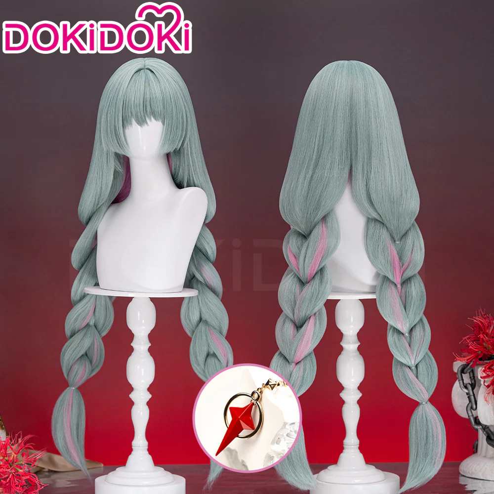 【Partially Ready For Ship】DokiDoki Game Wuthering Waves Cosplay Phrolova Wig / Ear Clips Long Green Hair Pink Highlights Double Ponytails
