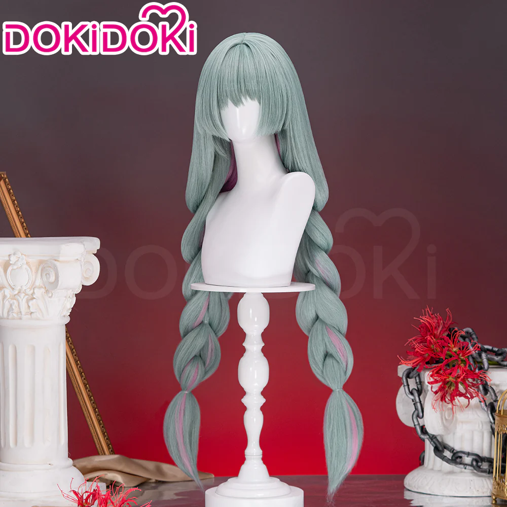 【Partially Ready For Ship】DokiDoki Game Wuthering Waves Cosplay Phrolova Wig / Ear Clips Long Green Hair Pink Highlights Double Ponytails - Image 3