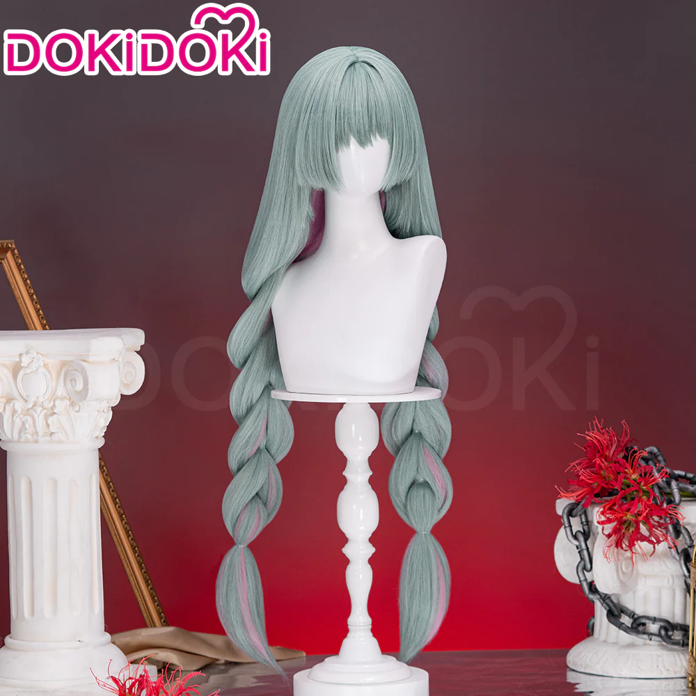 【Partially Ready For Ship】DokiDoki Game Wuthering Waves Cosplay Phrolova Wig / Ear Clips Long Green Hair Pink Highlights Double Ponytails - Image 4