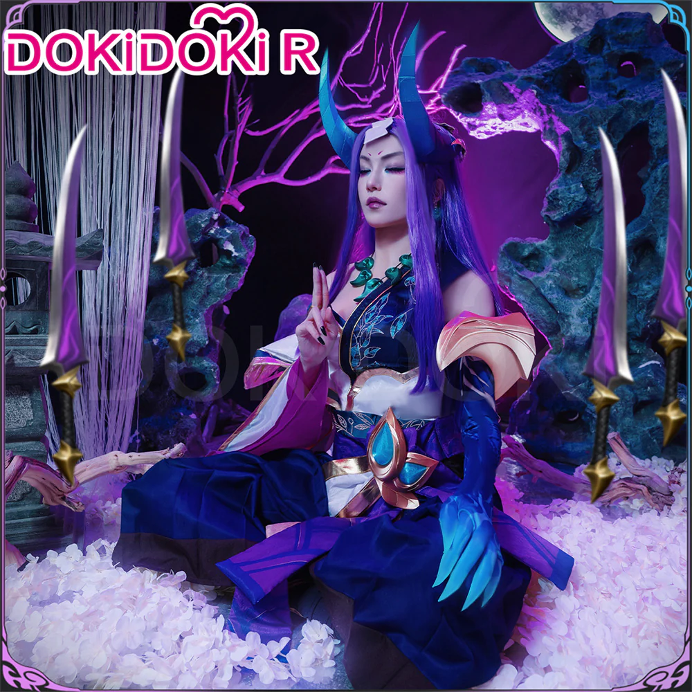 DokiDoki-R Game Cosplay Costume Spiirit Bloossom Purple Bule / Horns / Wig Long Purple Hair - Image 3