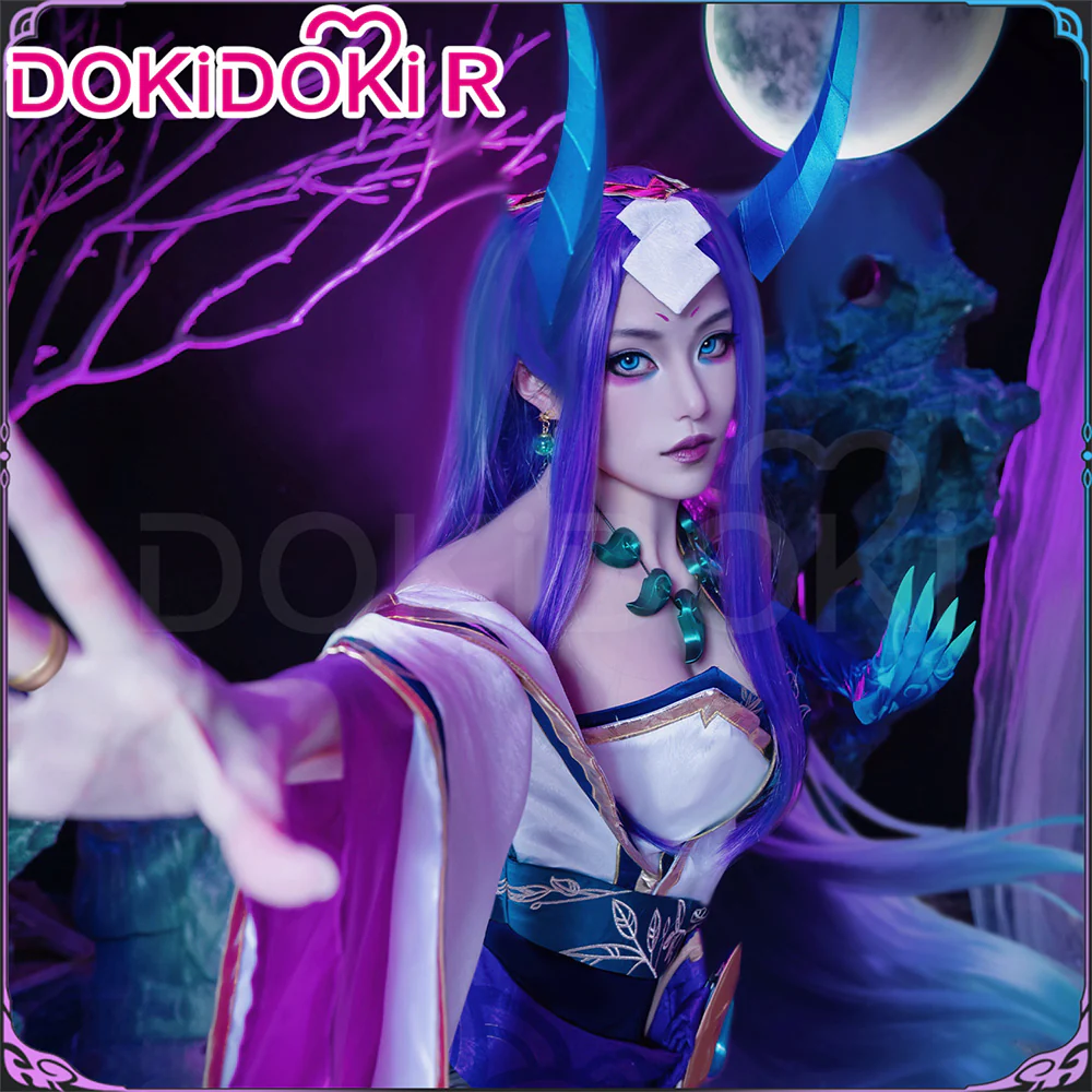 DokiDoki-R Game Cosplay Costume Spiirit Bloossom Purple Bule / Horns / Wig Long Purple Hair - Image 4