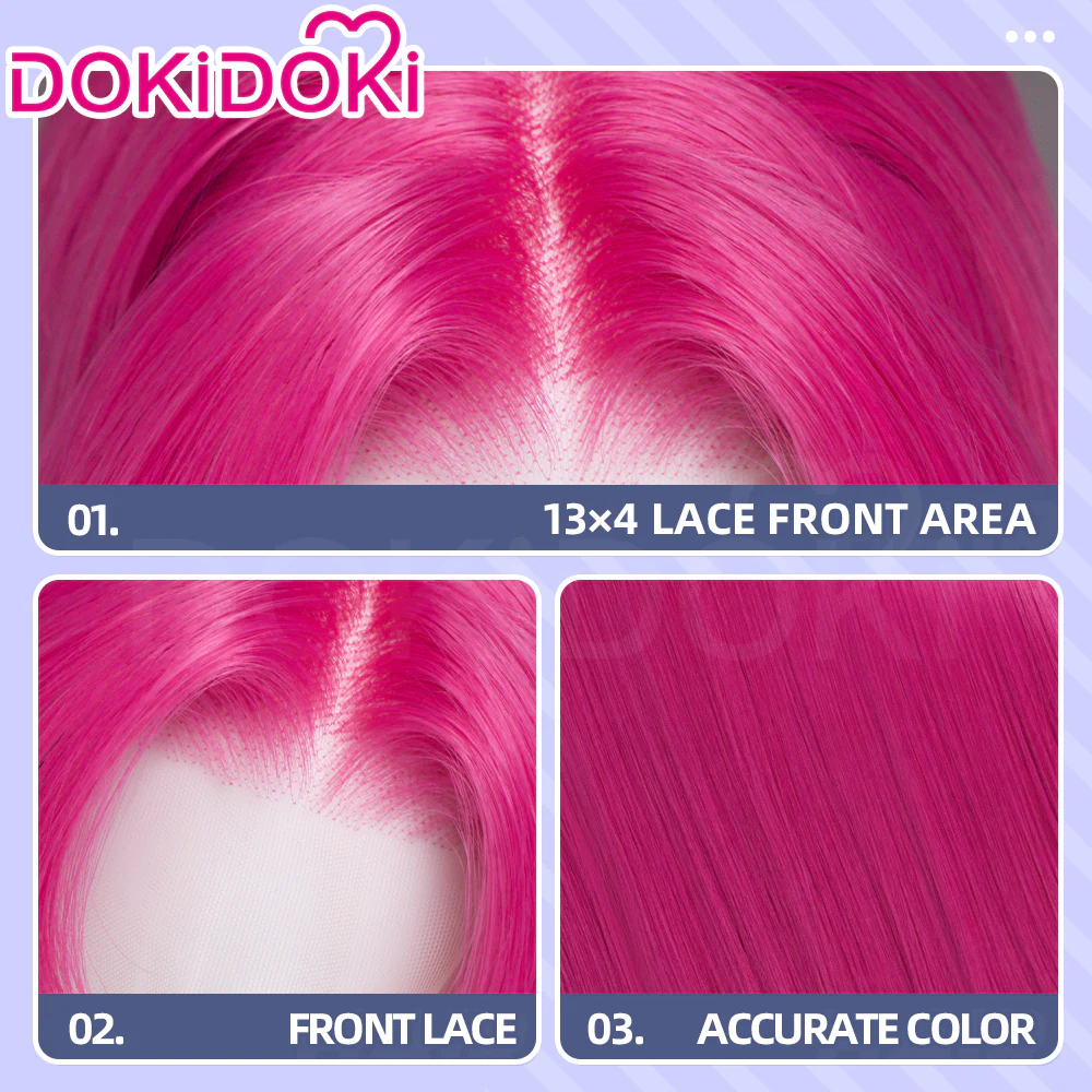 【Front Lace】DokiDoki Manga Anime Cosplay Wig Long Straight Pink Burgundy Hair - Image 5
