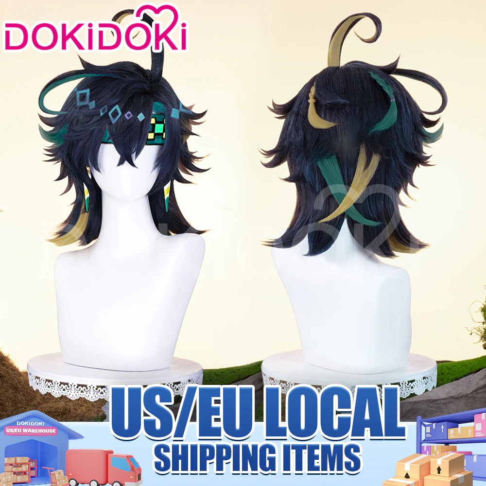 【US/EU LOCAL SHIPPING】DokiDoki Game Genshin Impact Cosplay Kinich Wig Short Black Green / Yellow Highlights Hair