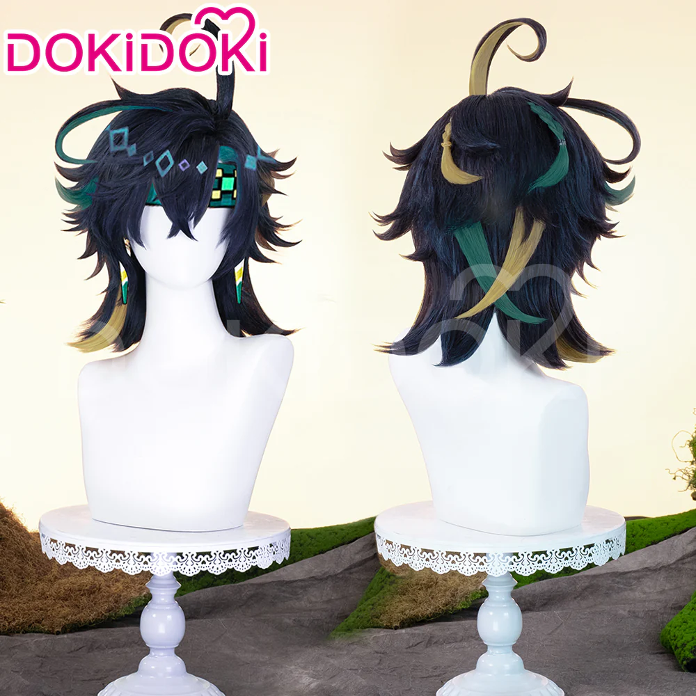 【US/EU LOCAL SHIPPING】DokiDoki Game Genshin Impact Cosplay Kinich Wig Short Black Green / Yellow Highlights Hair - Image 2