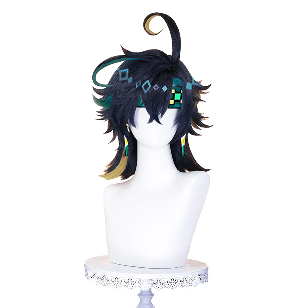 【US/EU LOCAL SHIPPING】DokiDoki Game Genshin Impact Cosplay Kinich Wig Short Black Green / Yellow Highlights Hair - Image 3
